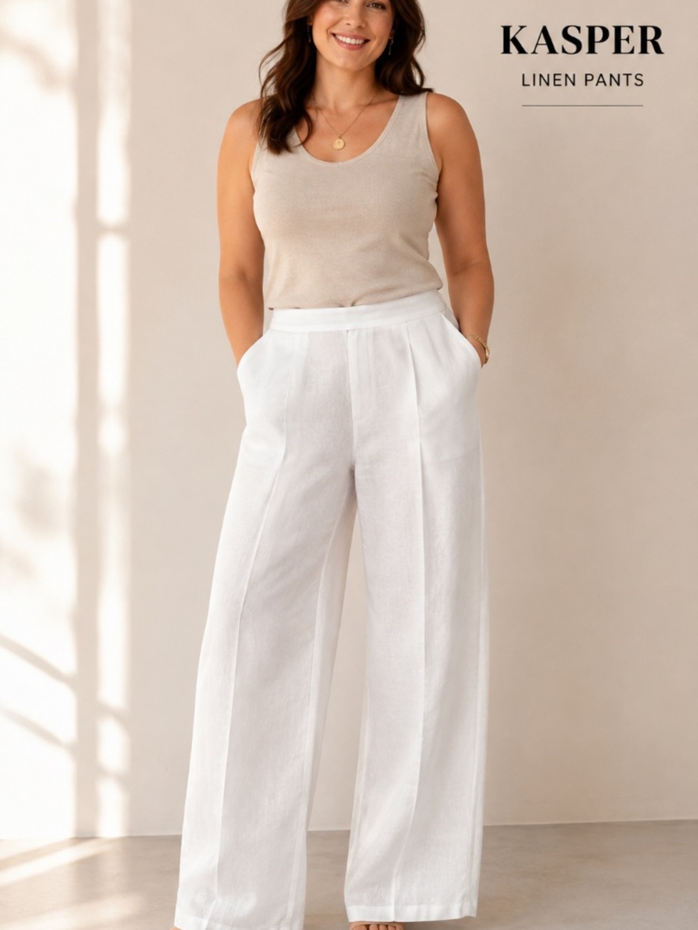 NWT Kasper Audrey linen blend, wide leg Lily white pull on pants Lg